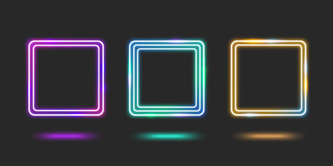 Neon square frame set glowing on dark background - purple, green and yellow gradient borders with reflection effects for futuristic design. Electric light box with rounded corners for modern interface