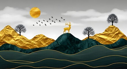 Golden deer landscape art, mountain range, abstract nature, forest trees, birds flying, modern art
