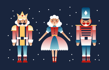 Colorful nutcracker soldier, ballerina and king on dark blue background with snowflakes - festive Christmas characters wearing traditional uniforms, crown and tall hats. Holiday wooden fairy tale toy