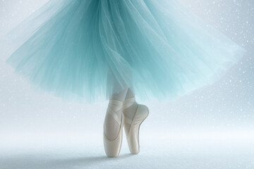 Graceful Ballet Dancer En Pointe in Icy Blue Tulle Skirt amid Gentle Falling Snow