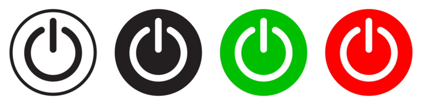 Collection of four power button icons in black outline, solid black, green, and red circle styles. Ideal for UI, apps, web design, electronics, and power related tech interfaces. Vector illustration.