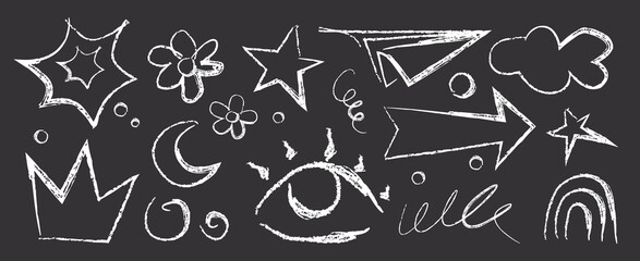 Naklejka na ściany i meble Crayon doodle shapes. White chalk drawings on blackboard - stars and flowers, moon and eye, crown, arrows and clouds, rainbow and paper plane, swirls for education or children creative backgrounds.