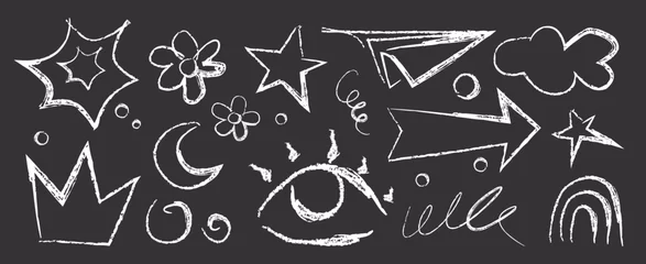 Fotobehang Crayon doodle shapes. White chalk drawings on blackboard - stars and flowers, moon and eye, crown, arrows and clouds, rainbow and paper plane, swirls for education or children creative backgrounds. © klyaksun