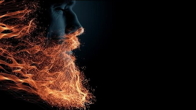 Artistic Representation of Fire Forming a Human Face Illuminated Against a Dark Background