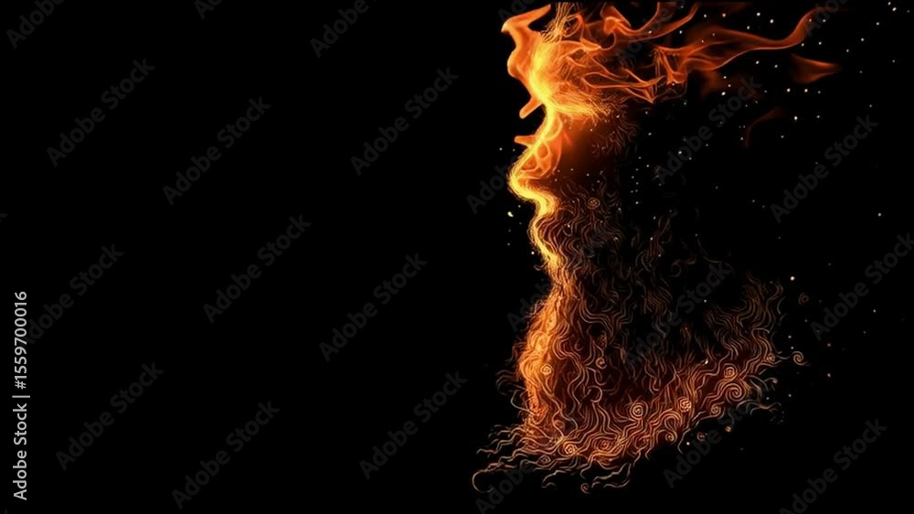 Poster Fiery Portrait Representing Strength and Transformation With Vivid Flames and Intricate Details in Dark Backdrop