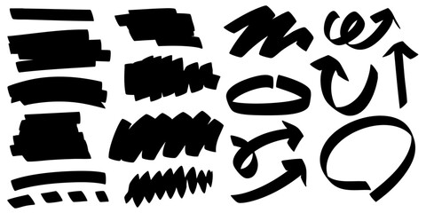 Hand-drawn marker shapes and arrows – bold brush strokes for highlight and design elements