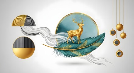 Abstract deer art golden feather design geometric shapes elegant modern wall decor illustration
