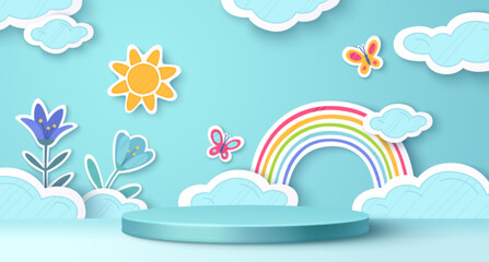 Paper cut rainbow scene with blue sky background - colorful arch connecting fluffy clouds, yellow sun, butterflies around cylinder podium. Flowers bloom beside platform in layered papercraft style.