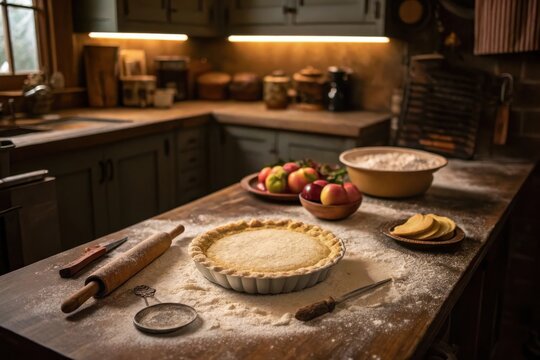 A flour-dusted counter with raw pie dough