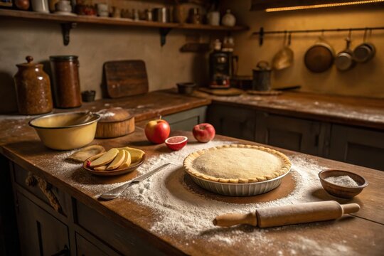 A flour-dusted counter with raw pie dough