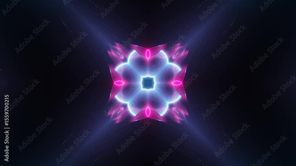Poster neon kaleidoscope motion loop on black canvas. abstract seamless loop of glowing neon lines with kal