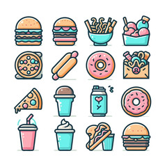 Flat Pastel Food Icon Set – Modern Minimalist Vector Collection of Meal, Snack, Drink, and Fast Food Icons on White Background