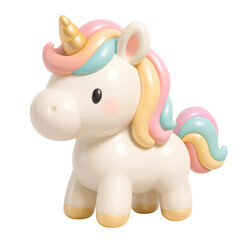 Fototapeta premium A cute white unicorn figurine featuring a golden horn and pastel pink, blue, and yellow mane and tail. Ideal for children themes, fantasy, and whimsical designs.