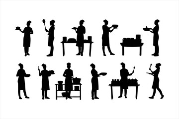 Diverse Chefs and Kitchen Staff Silhouettes - Food Preparation Vector Set