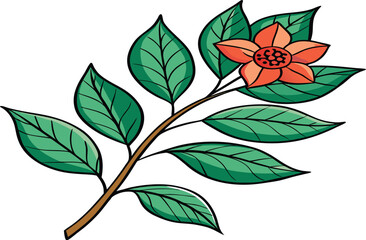 Single orange flower with green leaves branch
