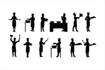 Diverse Chefs and Kitchen Staff Silhouettes - Food Preparation Vector Set