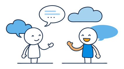 Naklejka premium Stick Figure Conversation Illustrations with Speech Bubbles and Clouds