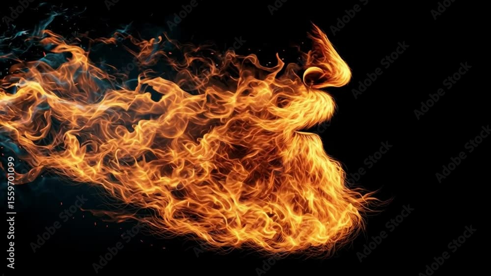 Poster visual display of fiery transformation showcasing artwork of a face made of flames in vivid colors
