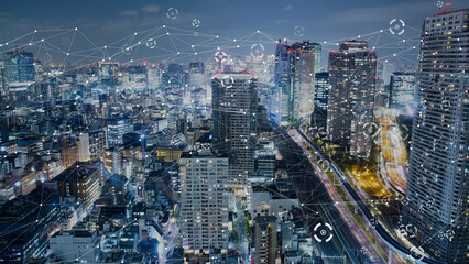 インターネットとネットワークをイメージした都市風景