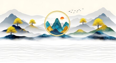 Landscape mountains trees circle sun birds chinese art design illustration nature scenery view