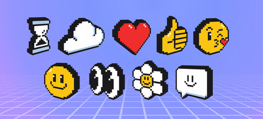 3d pixel emoticon icons with 8 bit hourglass timer, white cloud, red heart, thumbs up hand gesture, kissing and happy smiling face, google eyes, daisy flower and speech bubble for retro game interface