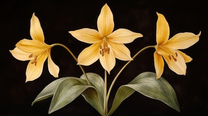 Fototapeta premium Elegant Watercolor Botanical Illustration of Three Yellow Flowers on Black Backdrop