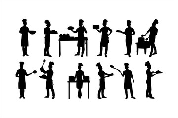 Diverse Chefs and Kitchen Staff Silhouettes - Food Preparation Vector Set