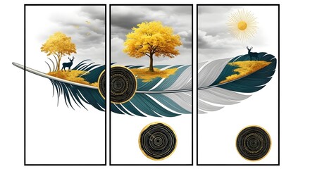 Feather art print canvas wall art tree deer sun abstract minimalist modern decor home office