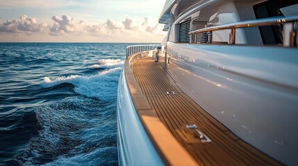 Luxury yacht cruising the open sea on a calm day with clear skies