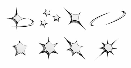 Chrome star emoticon set with metallic silver sparkles, swoosh trail, cluster formation, curved motion line and sharp pointed bursts for y2k aesthetic design, retro digital art or shiny interface.