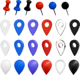 푸시핀 고정핀 및 지도 위치 마커 아이콘 세트 3D 일러스트 / Push Pin and Map Location Marker Icon Set 3D Illustration