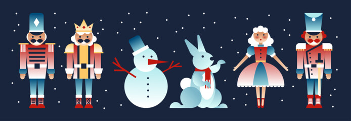 Christmas nutcracker collection with soldiers and king, snowman and blue rabbit, dancing fairy princess in pink ballet dress. Festive holiday characters on dark starry background for winter decoration