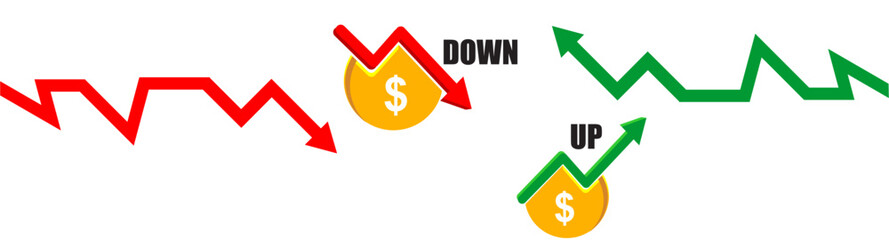 price or rate increase and decrease icon, 3d set of cost symbol dollar, money, coin sign with arrow up and down. transparent vector illustration