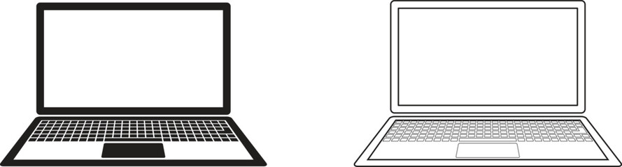 Minimal laptop icon set with solid black and outline style symbols of portable computers for tech and digital design use