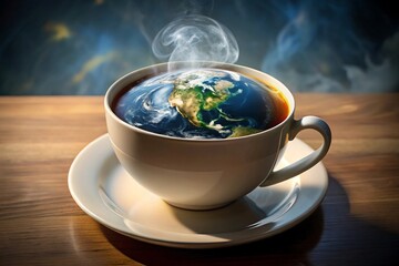 A steaming cup of coffee with the earth inside, representing a global perspective and a warm start to the day
