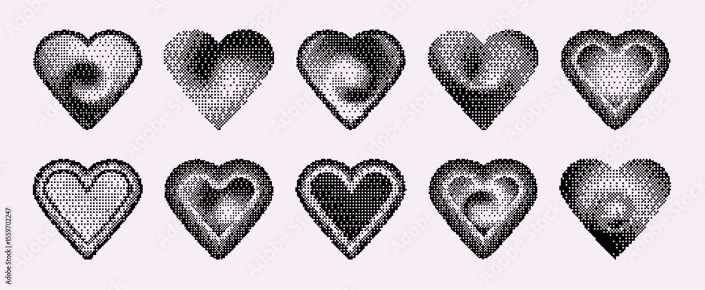 Fototapete pixel heart set in y2k style - black dotted patterns with halftone gradients for retro computer grap