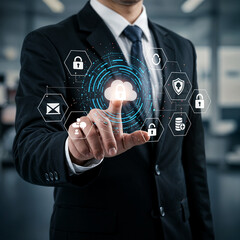 Title: Businessman Engaging with Virtual Cybersecurity and Data Protection Icons


