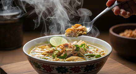 A steaming bowl of Soto Ayam a traditional Indonesian chicken noodle soup is being eaten with a spoon