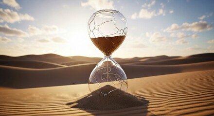 A broken hourglass with sand sitting in a desert landscape under a bright sky with scattered clouds