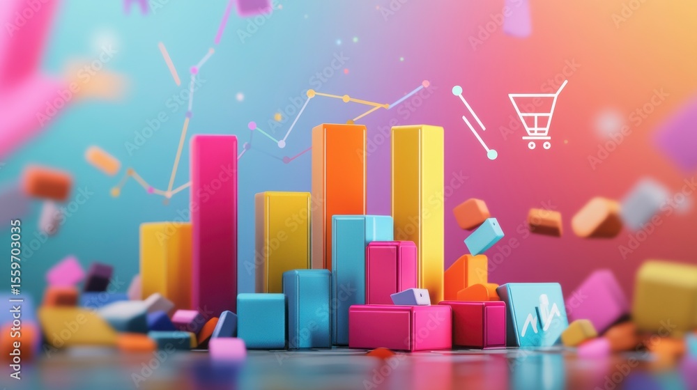 Poster colorful 3d bar chart showing sales growth with shopping cart icon and data points.