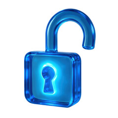 A vibrant, translucent blue 3d rendered padlock in an unlocked position with a glowing keyhole, symbolizing open access, freedom, and digital security solutions.