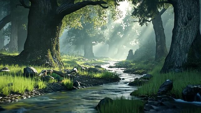 Sunlight streams through a misty forest, illuminating a babbling brook