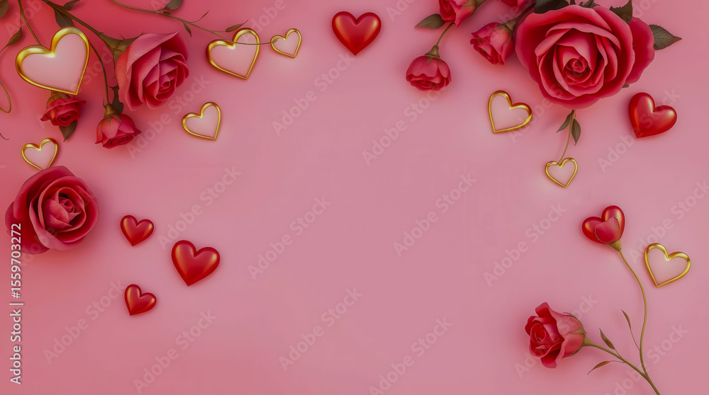 Poster a pink background with a bunch of red roses and hearts. the roses are arranged in a way that they ar