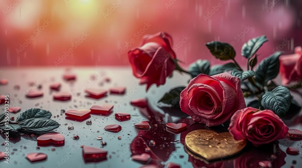 Poster a bouquet of red roses is placed on a table with a heart-shaped object in the middle. the roses are 