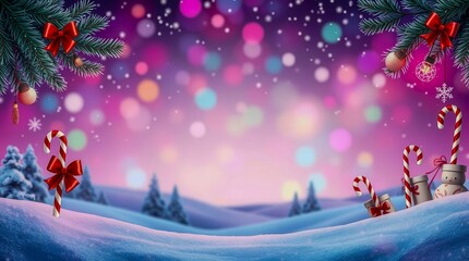 A Christmas scene with a purple background and a bunch of trees. There are two bundles of candy canes and a snowman on the ground