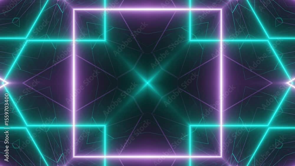 Poster abstract neon kaleidoscope lines motion loop. seamless loop of symmetrical neon lines in kaleidoscop