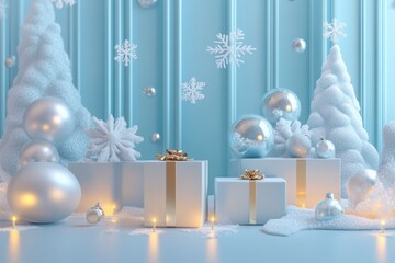 Modern 3D winter holiday background with snowflake overlays and glowing decor items