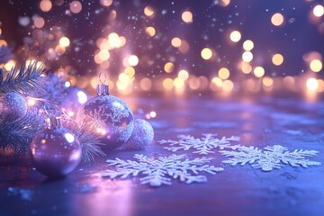 Modern 3D winter holiday background with snowflake overlays and glowing decor items