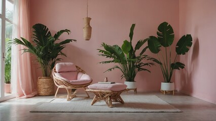 Levitation Chair in Pastel Pink Room with Tropical Plant