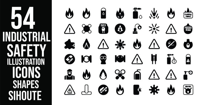 Collection of industrial safety icons illustrating various hazard and warning symbols in black and white